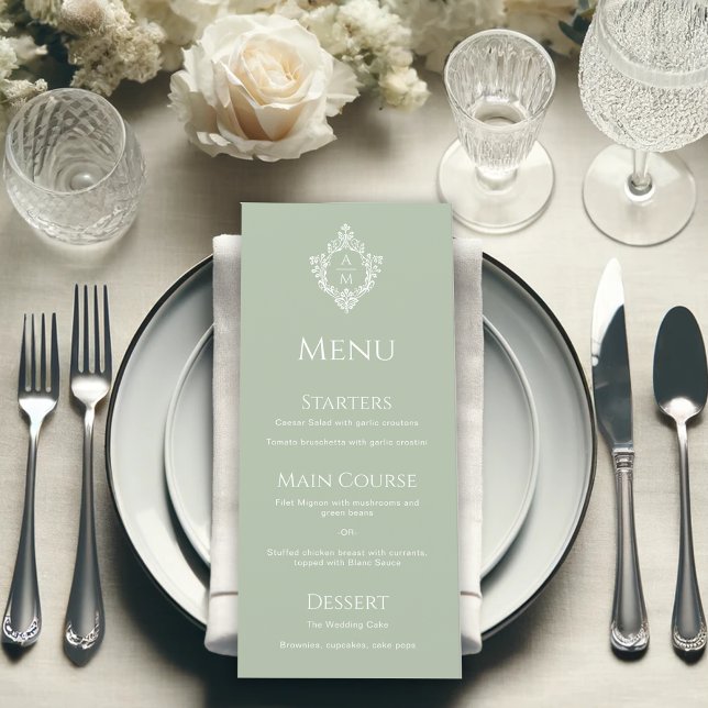 Menu Mariage Élégant Monogramme Vintage Vert Sauge Cres (Créateur téléchargé)