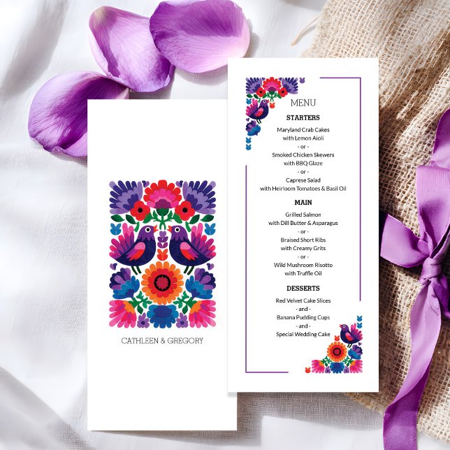 Menu Mariage Élégant Motif de Folk Oiseaux et Fleurs (Elegant Folk Birds and Flowers Pattern Wedding Menu)