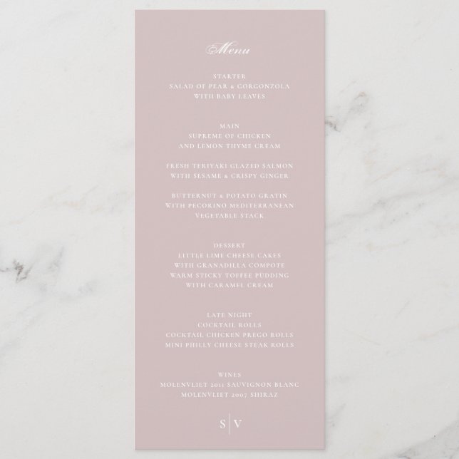 Menu Mariage Élégant Musc Rose Blanc Monogramme (Devant)
