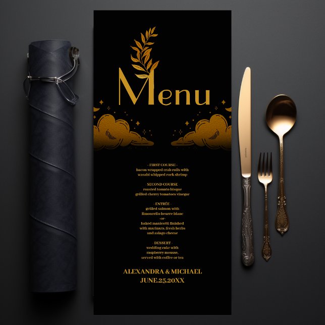 Menu Mariage Élégant Mystique Nuages Noirs Dorés Lune (Créateur téléchargé)