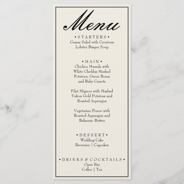 Menu Mariage élégant noir blanc à l'ancienne (Devant)