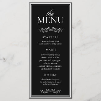 Menu Mariage Élégant Noir & Blanc Classique