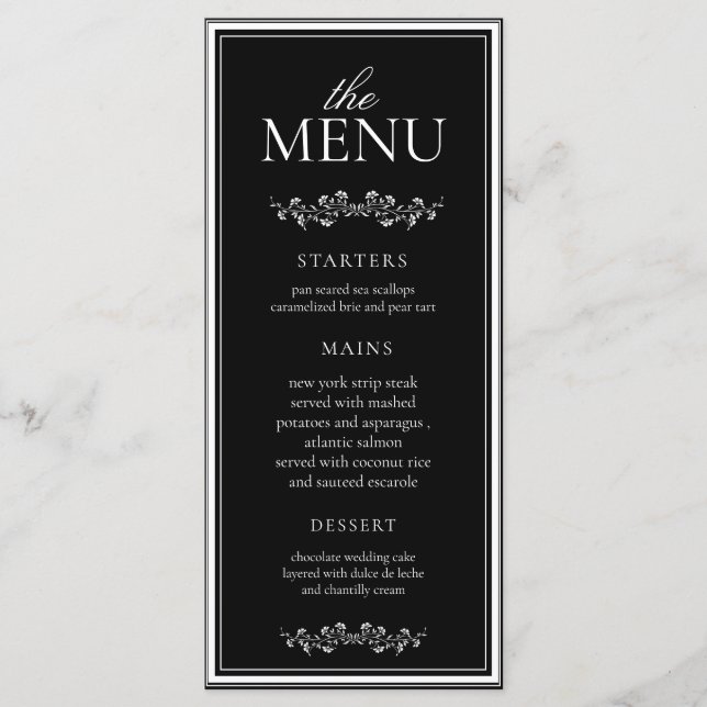 Menu Mariage Élégant Noir & Blanc Classique  (Devant)
