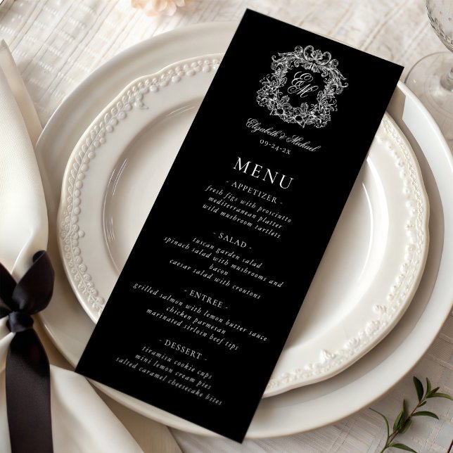 Menu Mariage Élégant Noir Blanc Monogramme Crête Formel (Créateur téléchargé)