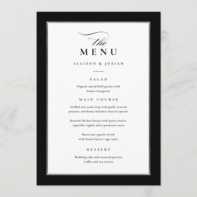 Menu Mariage Élégant Noir et Argent (Devant)