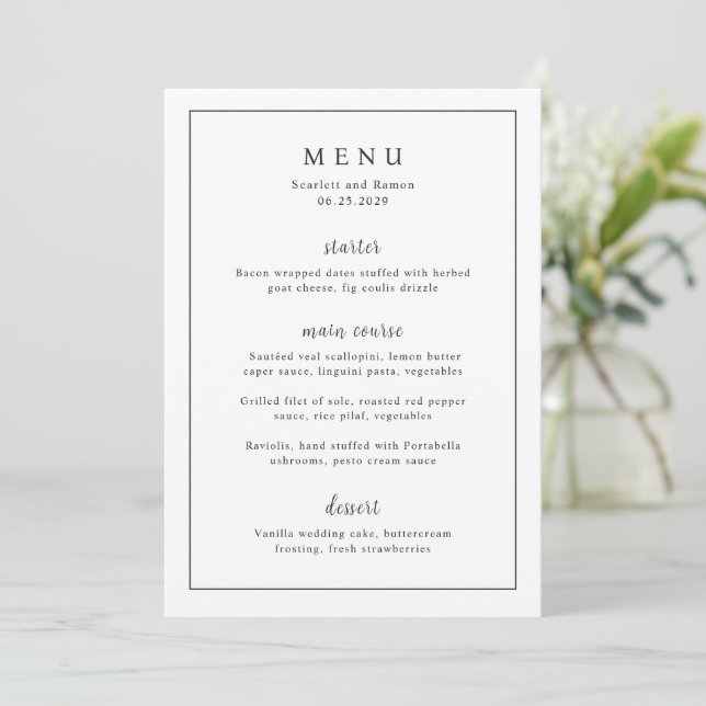 Menu Mariage Élégant Noir et Blanc Intemporel (Debout devant)