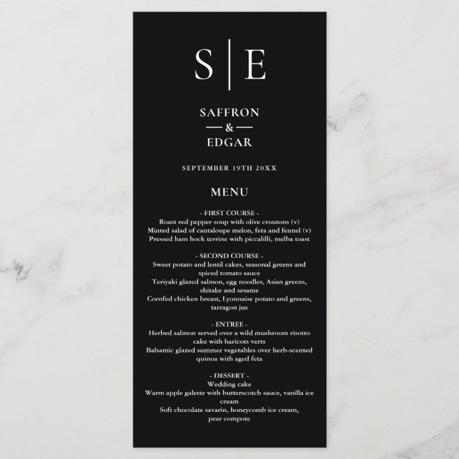 Menu Mariage élégant noir et blanc Monogramme Dîner (Devant)