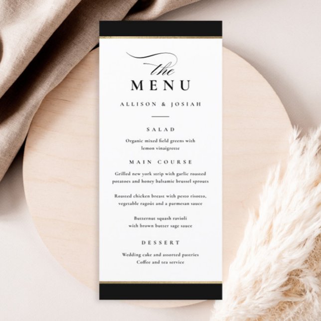Menu Mariage Élégant Noir et Or (Elegant black and white with gold frame wedding menu.)