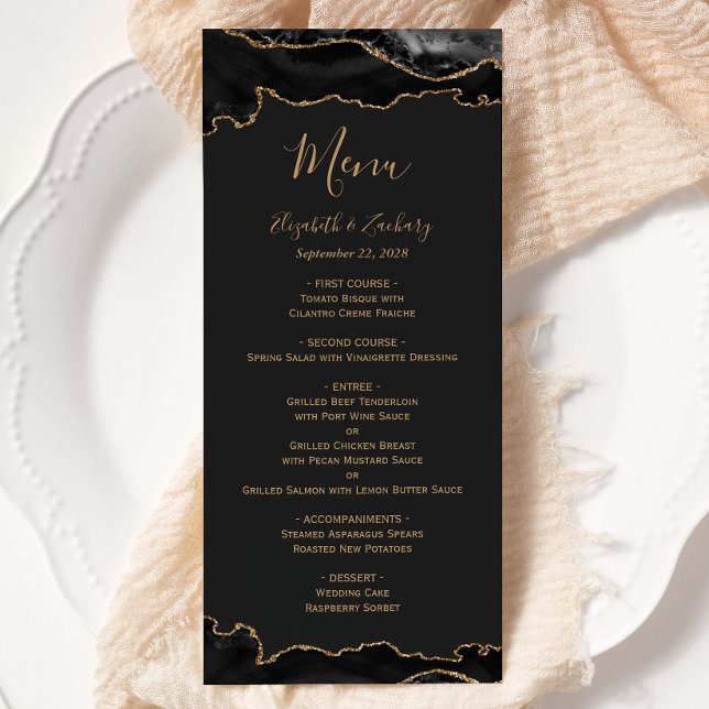 Menu Mariage Élégant Noir et Or Agate Sombre (Créateur téléchargé)