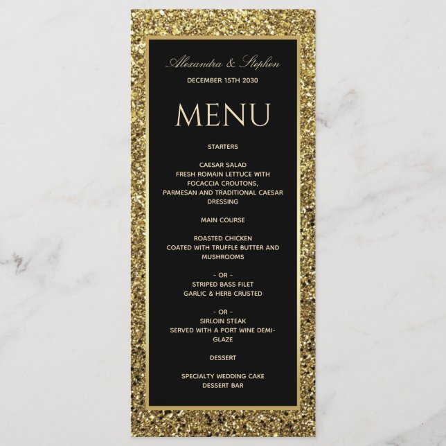 Menu Mariage Élégant Noir et Or Pailleté (Devant)