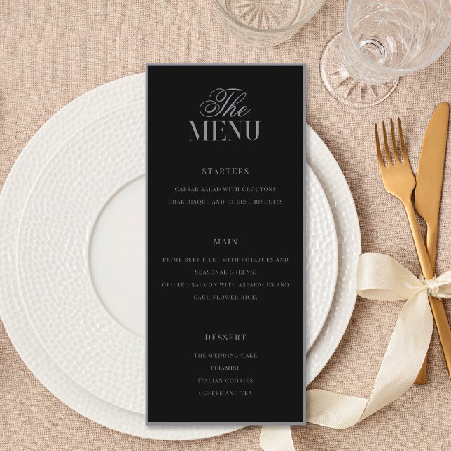 Menu Mariage Élégant Noir Mat Argent Ancien (Créateur téléchargé)