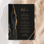 Menu Mariage Élégant Noir Or Agate Foncé<br><div class="desc">Le bord gauche de ce menu de mariage moderne élégant présente une bordure d'agate à l'aquarelle noire rehaussée de faux strass dorés. Le texte personnalisable combine une écriture manuscrite dorée et des polices copperplate sur un fond noir ardoise foncé. Le verso présente un dessin assorti d'agate noir et or.</div>