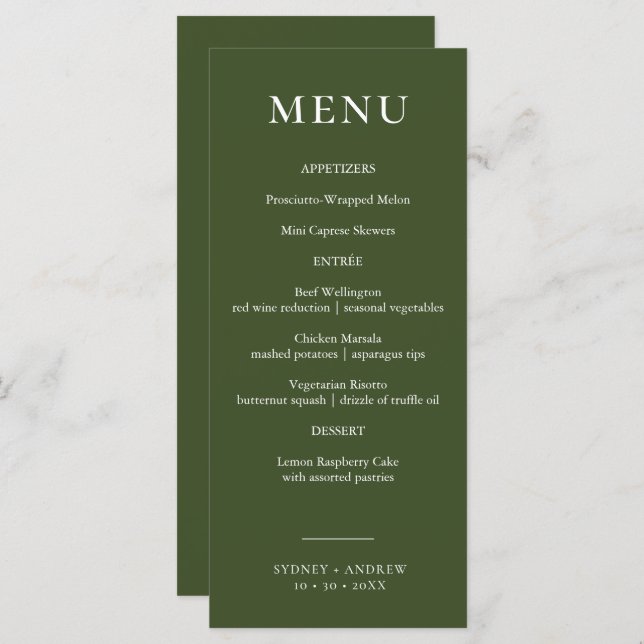 Menu Mariage élégant Olive Green moderne (Devant / Derrière)