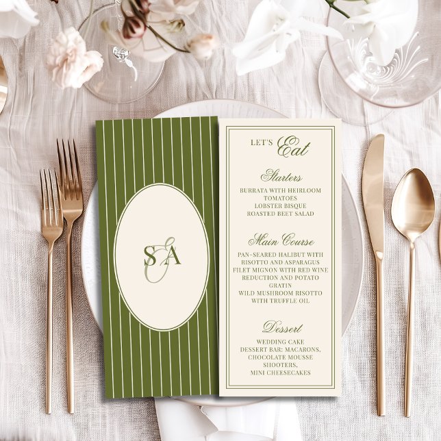 Menu Mariage Élégant Olive Verte & Ivoire Ovale Old Mon (Créateur téléchargé)