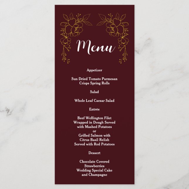 Menu Mariage élégant or floral bordeaux profond  (Devant)