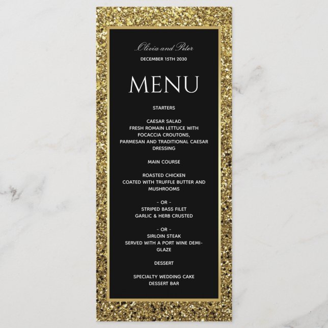 Menu Mariage Élégant Or Noir et Blanc (Devant)