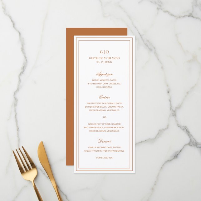 Menu Mariage Élégant Orange Citrouille Classique (Devant/Arrière en situation)