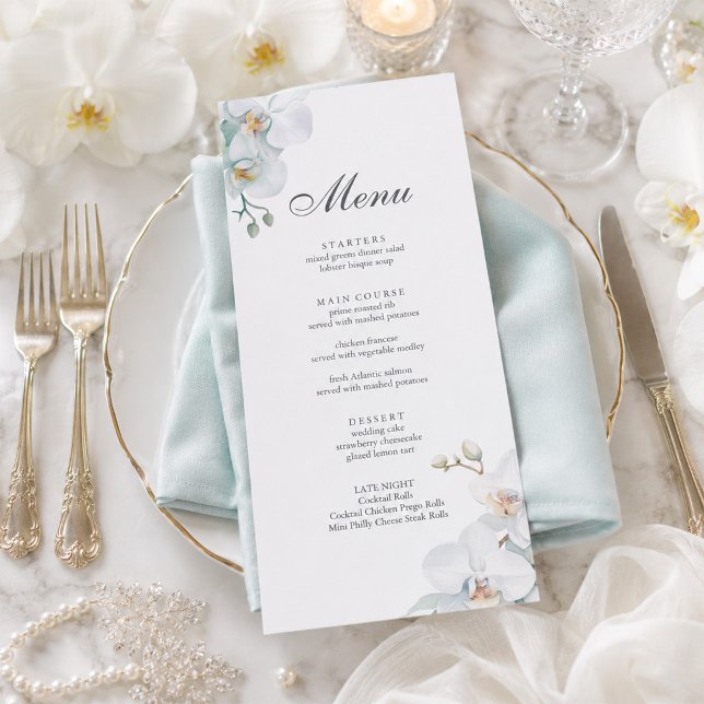 Menu Mariage Élégant Orchidée Sauvage Moderne  (Modern Elegant Wild Orchid Wedding Menu)