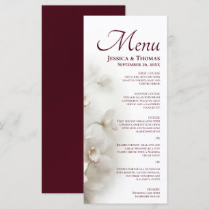 Menu Mariage Élégant Orchidées Blanches et Bourgogne de