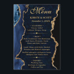 Menu Mariage élégant pailleté de bleu et d'or Agate<br><div class="desc">Un design saisissant présentant des textures d'agate bleu marine profond accentuées de paillettes dorées scintillantes pour une finition glamour et moderne. Une écriture cursive élégante se marie à une typographie serif audacieuse pour créer une esthétique raffinée et haut de gamme. Les tons bleus riches évoquent la sophistication et une élégance...</div>