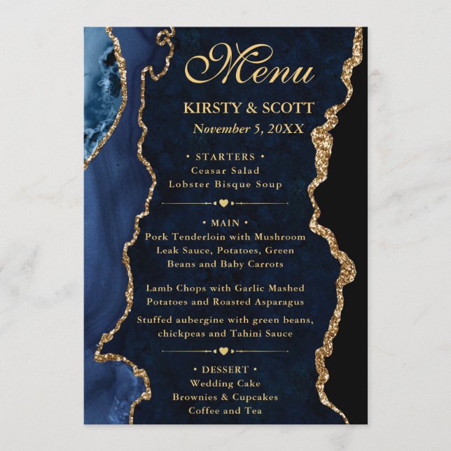 Menu Mariage élégant pailleté de bleu et d'or Agate (Devant)