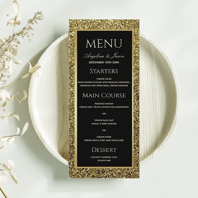 Menu Mariage Élégant Paillettes Noir et Or (Créateur téléchargé)