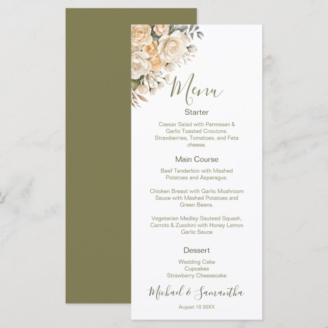 Menu Mariage Élégant Perle Blanche et Rose d'Ivoire (Devant / Derrière)