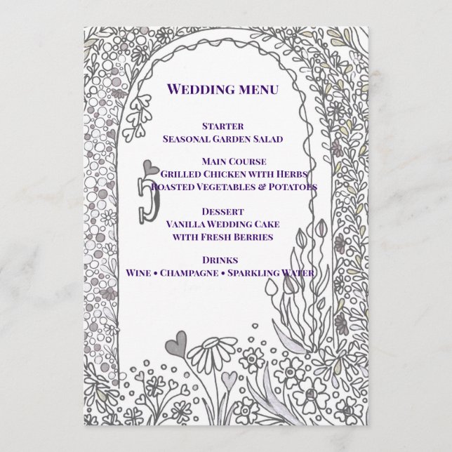 Menu Mariage élégant porte de jardin fantaisiste (Devant)
