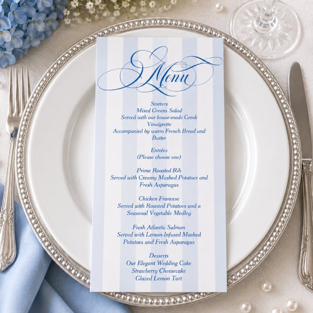 Menu Mariage élégant rayé bleu blanc (Créateur téléchargé)