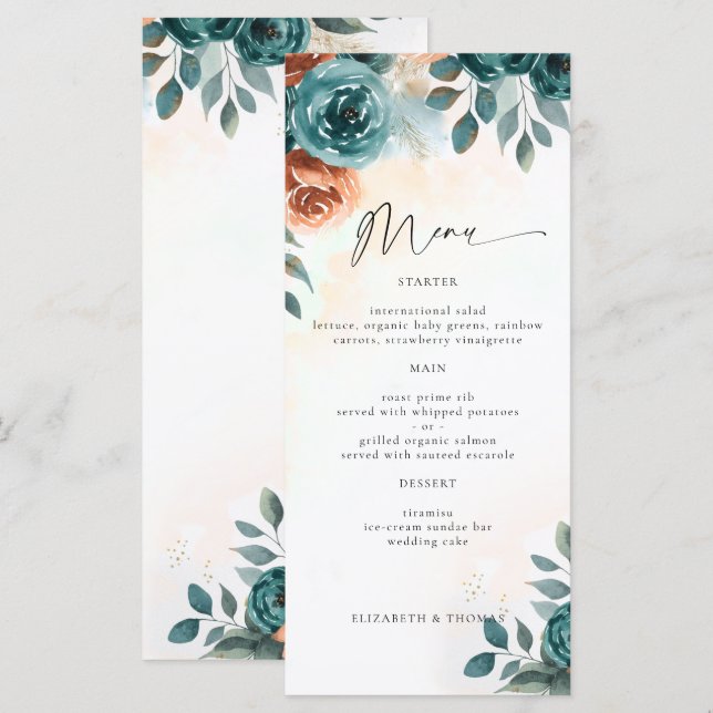 Menu Mariage Élégant Romantique Teal Orange Brûlé Autom (Devant / Derrière)
