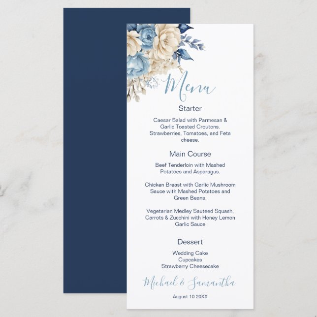 Menu Mariage Élégant Rose Bleu et Ivoire (Devant / Derrière)