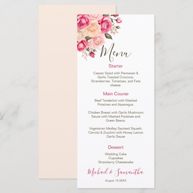 Menu Mariage Élégant Rose Fuchsia et Ivoire (Devant / Derrière)