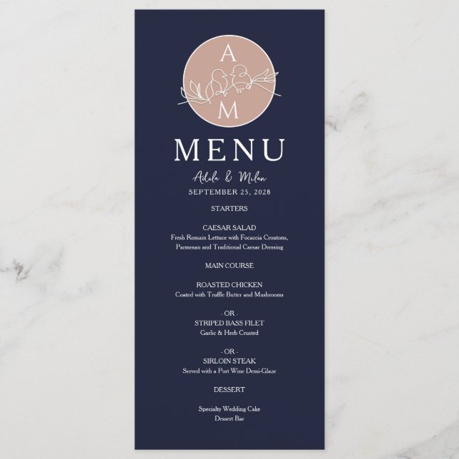 Menu Mariage élégant rose gold et bleu marine (Devant)