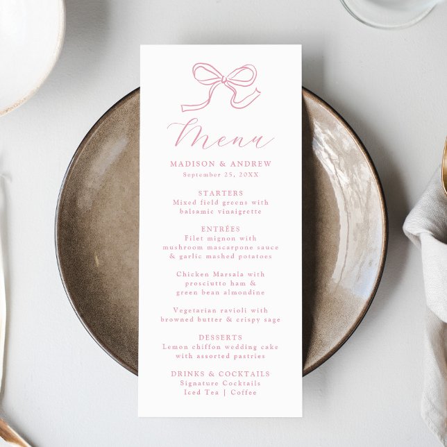 Menu Mariage Élégant Rose Ruban Rose (Créateur téléchargé)