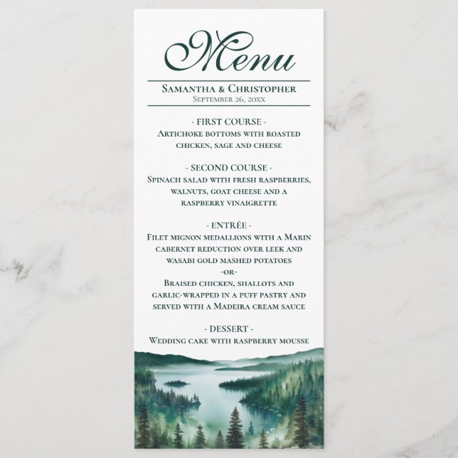 Menu Mariage Élégant Rustique au Lac Tahoe à l'aquarell (Devant)