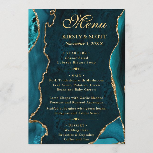 Menu Mariage élégant sarcelle et faux paillettes dorées (Devant)