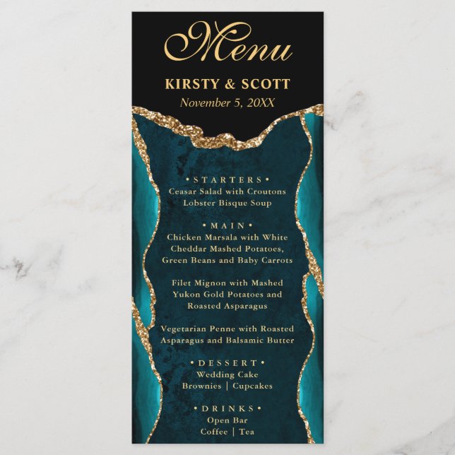 Menu Mariage élégant sarcelle et faux paillettes or Aga (Devant)