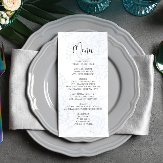 Menu mariage Élégant Script Floral Bleu (Elegant blue floral menu card with calligraphy and simple block-style lettering. )