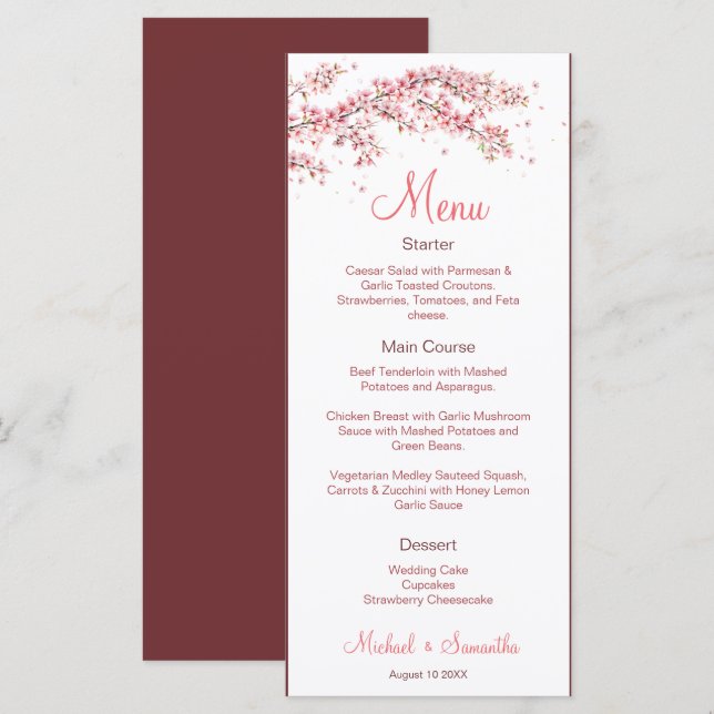 Menu Mariage Élégant sous les Fleurs de Cerisier (Devant / Derrière)