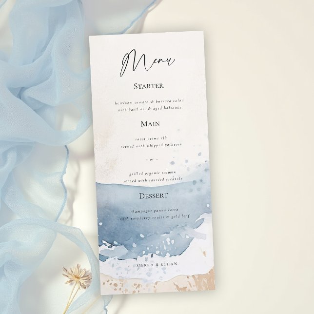 Menu Mariage élégant sur la plage de l'océan bleu côtie (coastal wedding stationery suite menu elegant blue beige sand water ocean boat yacht)