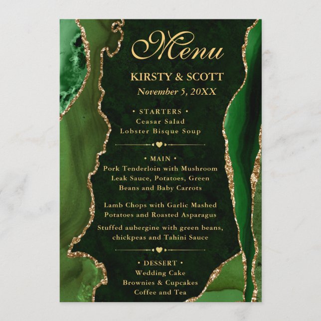 Menu Mariage élégant vert et or avec faux agate scintil (Devant)