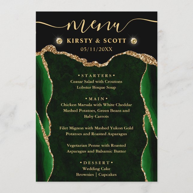 Menu Mariage élégant vert et or faux paillettes d'agate (Devant)