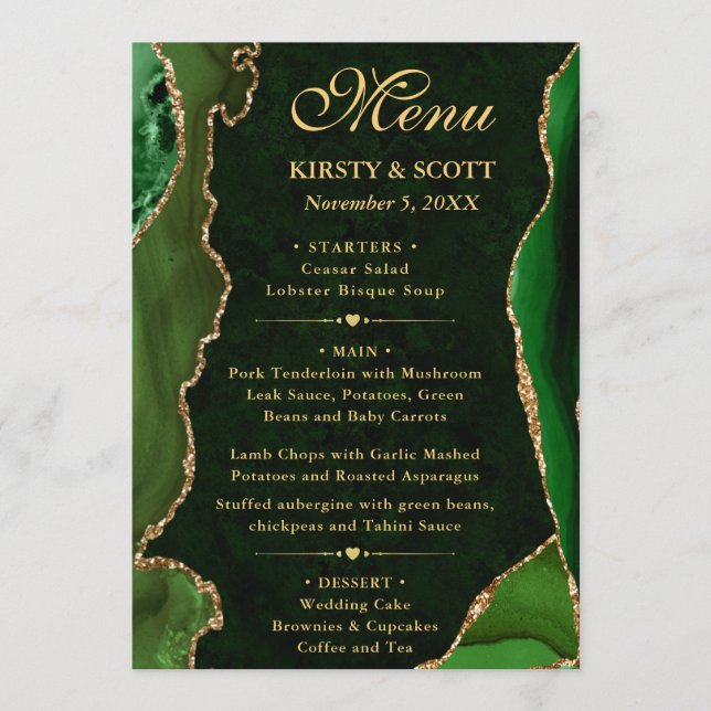 Menu Mariage élégant vert et or faux paillettes d'agate (Devant)