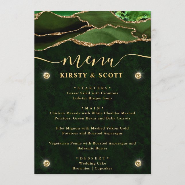 Menu Mariage élégant vert et or faux paillettes d'agate (Devant)