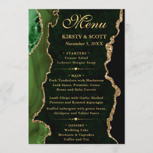 Menu Mariage élégant vert et or faux paillettes d'agate