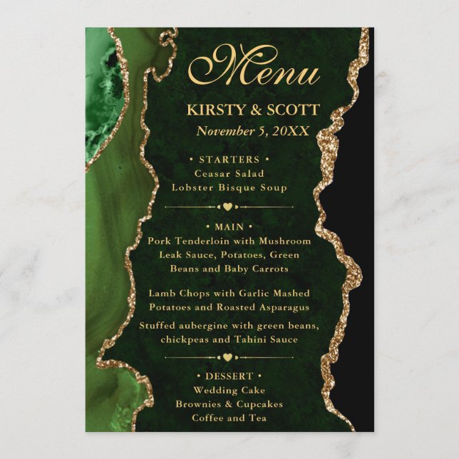 Menu Mariage élégant vert et or faux paillettes d'agate (Devant)