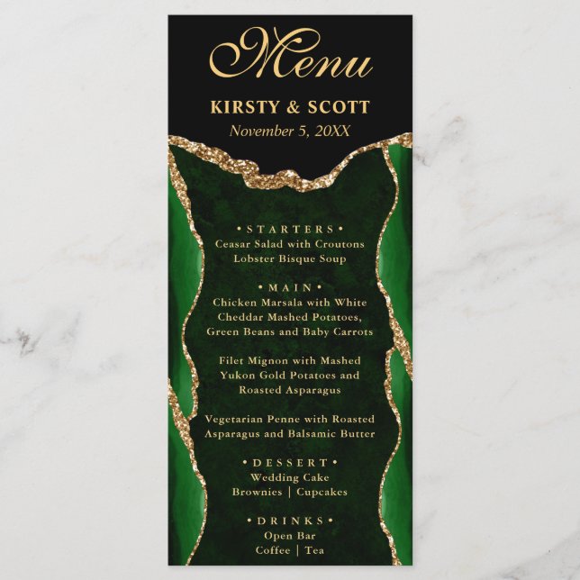 Menu Mariage élégant vert et or faux paillettes d'agate (Devant)