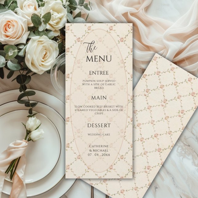 Menu Mariage Élégant Vintage Fleur Rose (Créateur téléchargé)
