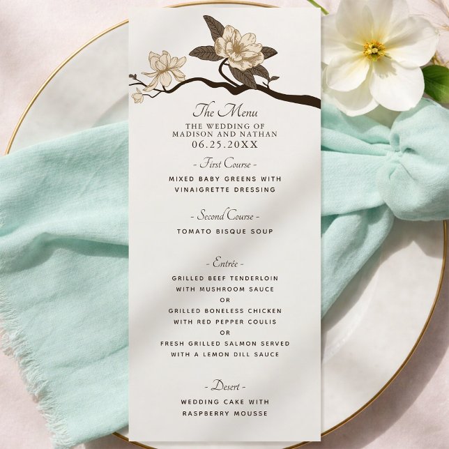 Menu Mariage Élégant Vintage Magnolia Blanc (Créateur téléchargé)