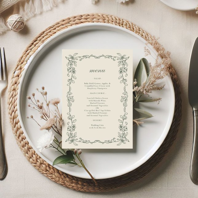 Menu Mariage Élégant Vintage Vert Sauge (Créateur téléchargé)